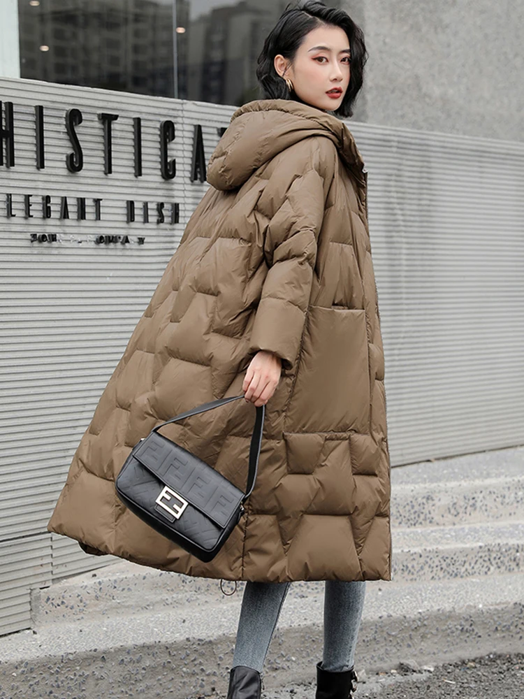 Winter Loose Thick Warm 90% White Duck Down Long Parkas Casual Women Hooded Female Zipper Pocket Down Coat Snow Outwear Coats