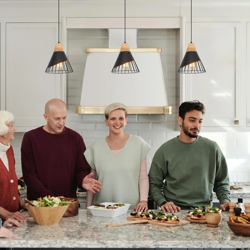 

3-цветный светодиодный современный подвесной светильник из черного дерева - подвесной светильник для кухонного острова, столовой, гостиной, спальни, бара