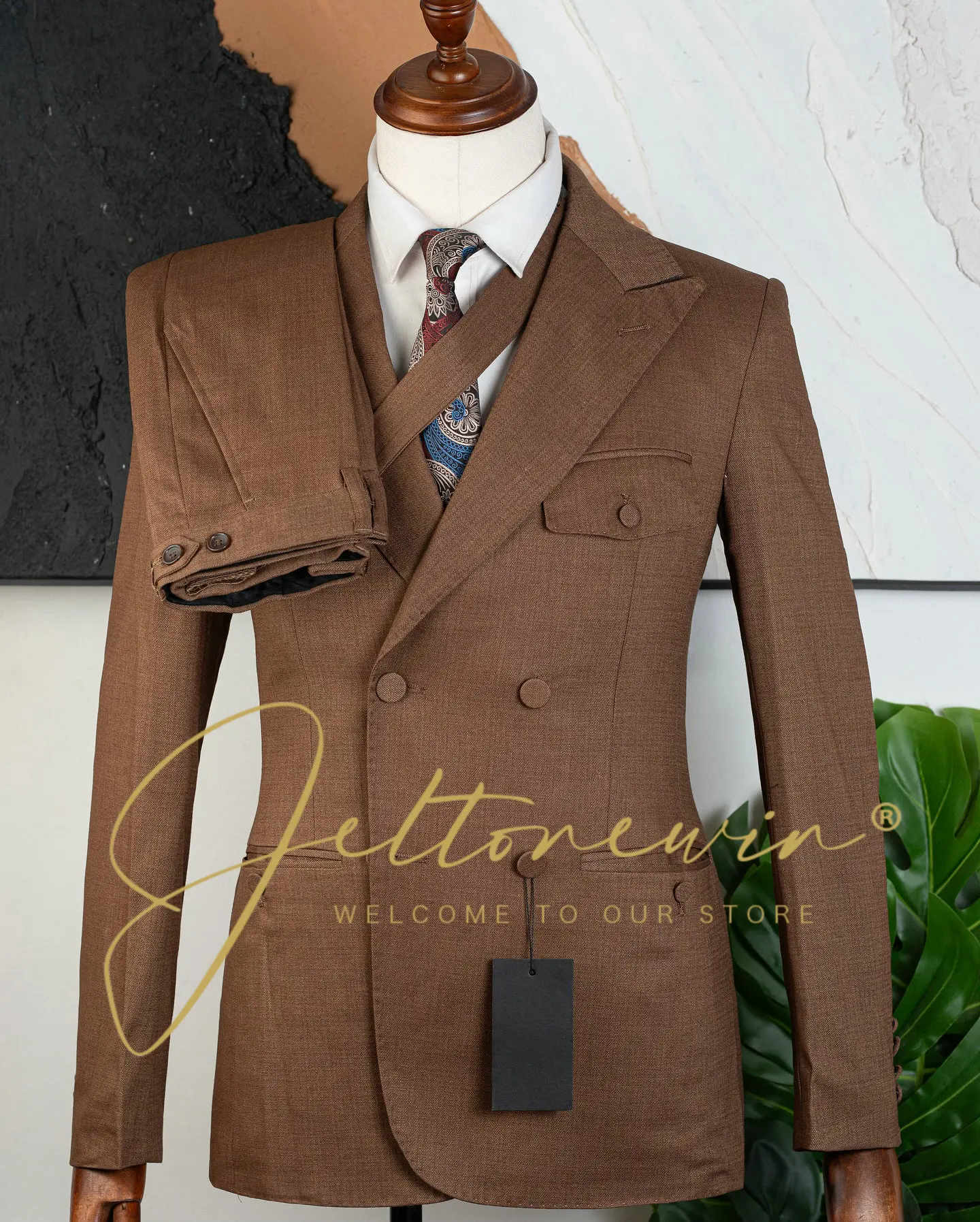 

Slim Fit Men's Two Piece Suit Featuring Double Button Closure and Textured Weave Design for Formal Events and Weddings