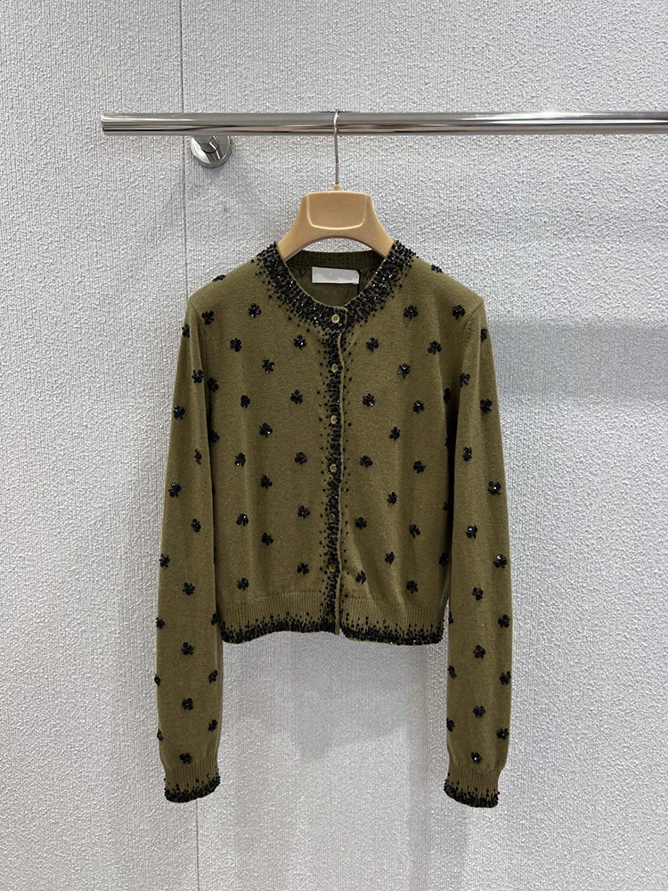 

SVORYXIU осенний новый стиль, модные тяжелые бусины для ногтей, вязаный кардиган с круглым вырезом и длинными рукавами, женский шикарный элегантный кардиган