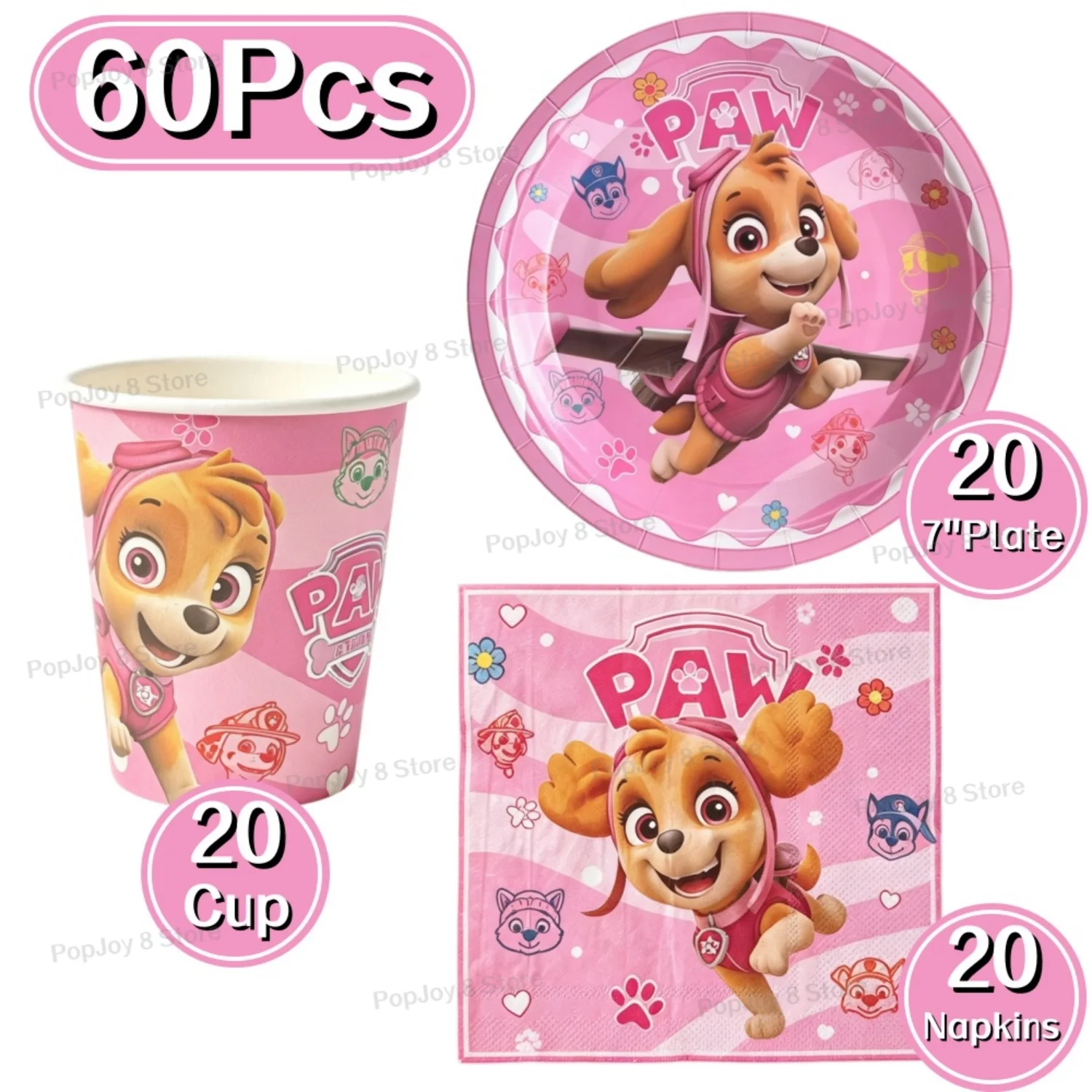 Set de vajilla desechable de Paw Patrol, 60 piezas, para fiestas de cumpleaños infantiles, platos de papel, vasos, servilletas, decoraciones para baby showers.