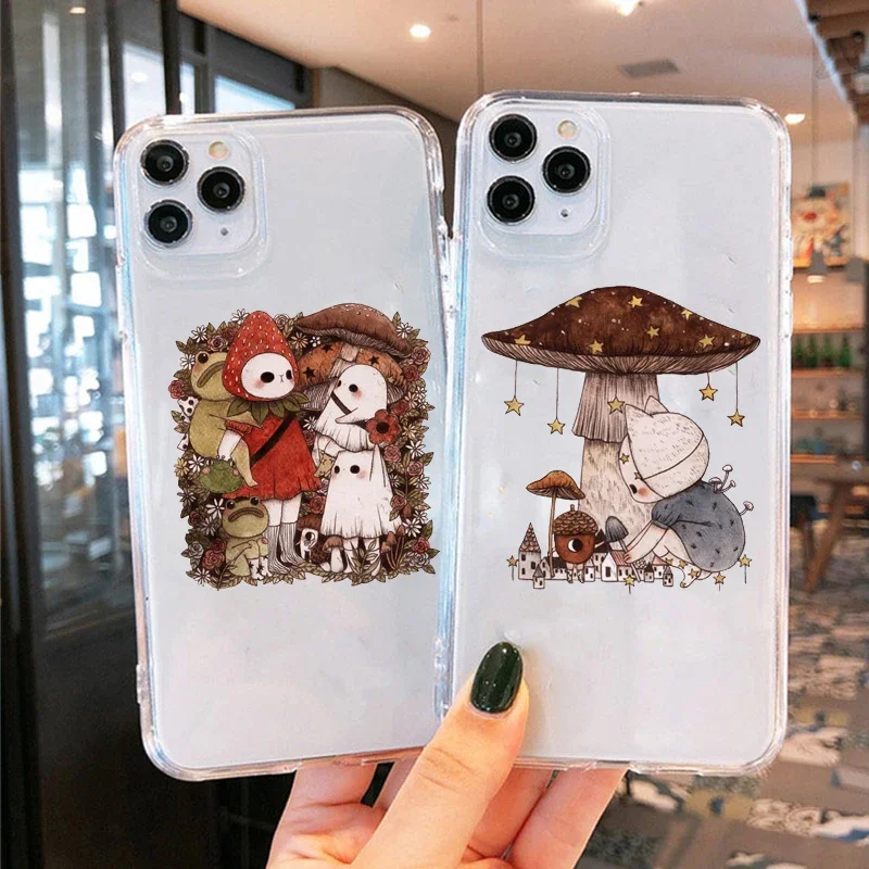 

Cartoon Mushroom Phone Case for iPhone 16 15 14 13 12 11 Pro Max Mini X XS SE 7 Plus 16E SE Shockproof Transparent Cover Fundas