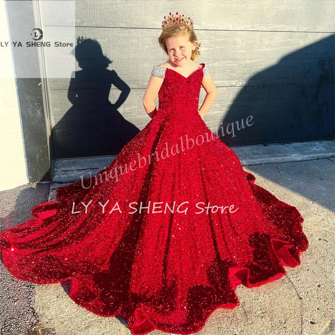 

Flower Girl Dress Iridescent Girl Pageant Dress Velvet Sequin Beading Off-Shoulder little Kid Birthday Formal Party Gown A-Line