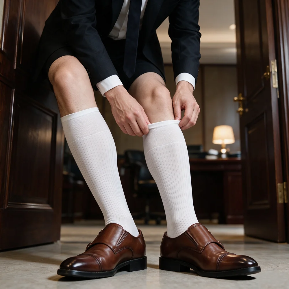 Men's Over The Calf Sheer Striped Knee High Socks Formal Business Dress Socks Breathable Thin Long Tube Office Suit Socks