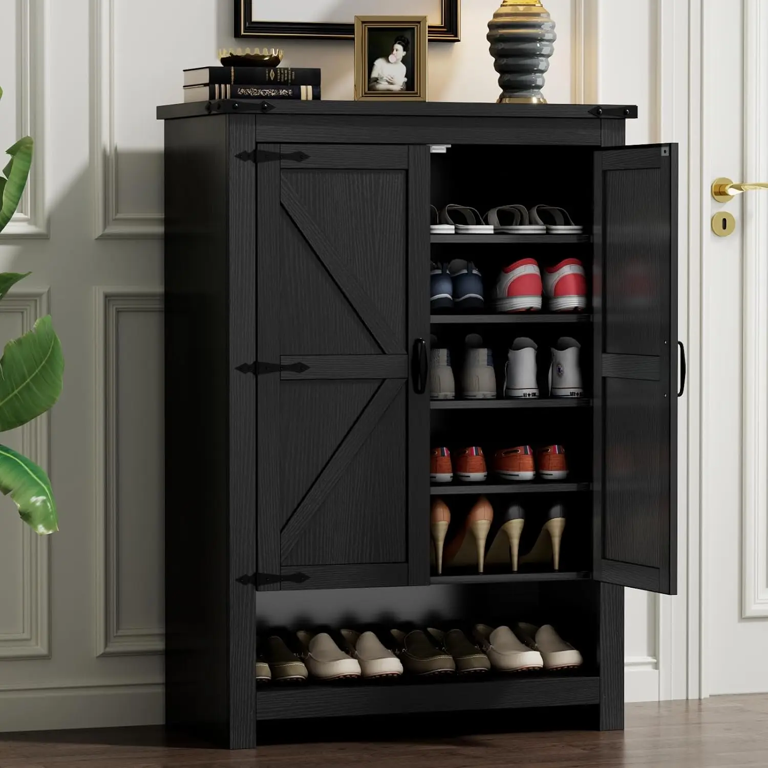 Cabinet with Doors, 7-Tier 28 Pair Shoe Cabinet Storage for Entryway, Hidden Narrow Shoe Cabinets with Adjustable Shelves