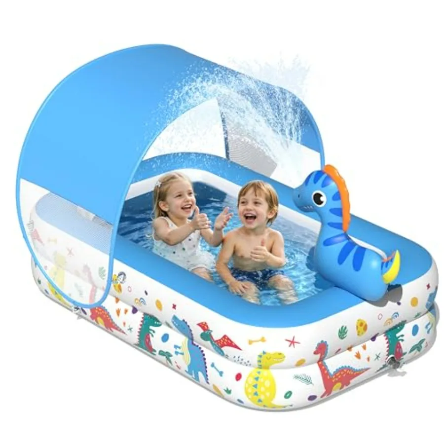 

Dinosaur Kiddie Pool with Canopy and Sprinkler, Inflatable Baby Pool with Soft Cushioned Floor, Portable Toddler Blow Up Pool B