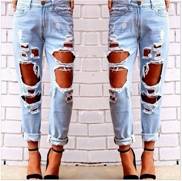 

Summer Women's Hole Jeans Natural Waist Denim Pants Trousers Distressed Straight Leg Light Blue Color Ladies Jeans