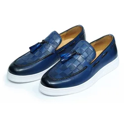 Luxury Mens Tassel Loafer Shoes Genuine Leather Slip-on Round Toe Sneakers Blue Black Red Business Fashion Casual Shoes for Men