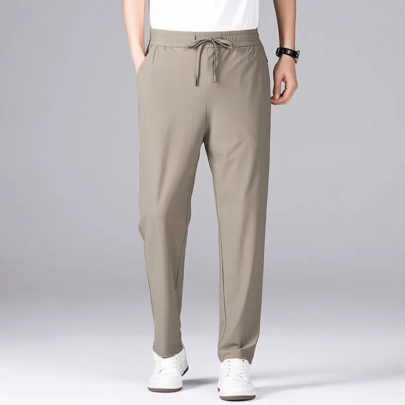 Men Ice Silk Quick Dry Casual Pants Drawstring Waist Straight Leg Business Trousers For Summer