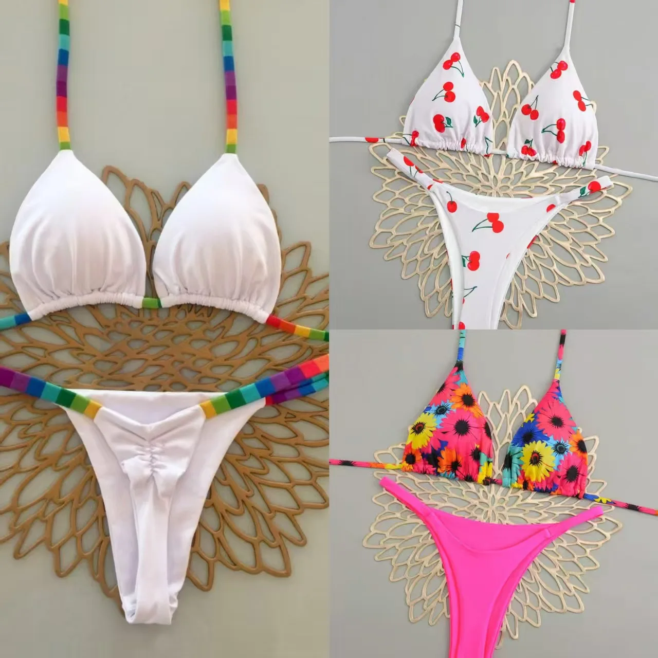 

Сексуальное треугольное бикини с эффектом пуш-ап, плетеные стринги, женские бразильские купальники с принтом, стринги, купальный костюм, пляжная одежда Femme Biquini