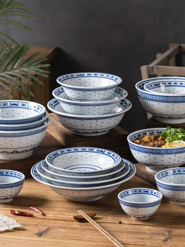 Tazón de arroz retro azul y blanco para uso doméstico, tazón especial para sopa dulce de Noodle House, tazón de leche de doble pared para uso comercial.
