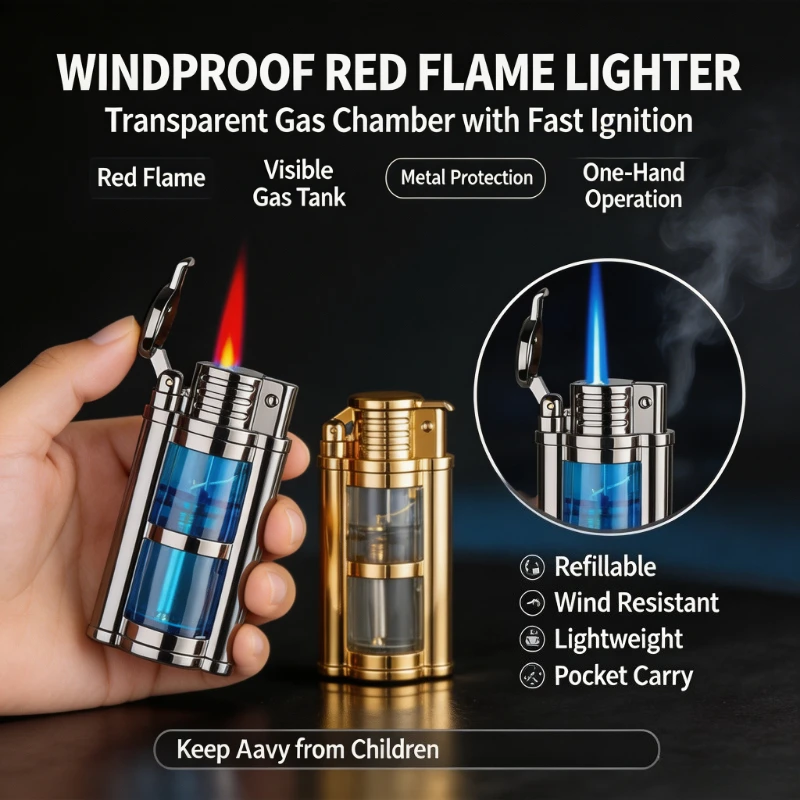 Wind‑proof Butane Torch Cigar Lighter for Men, 2023 New Model with Transparent Visible Fuel Chamber,Portable Hand‑held Structure
