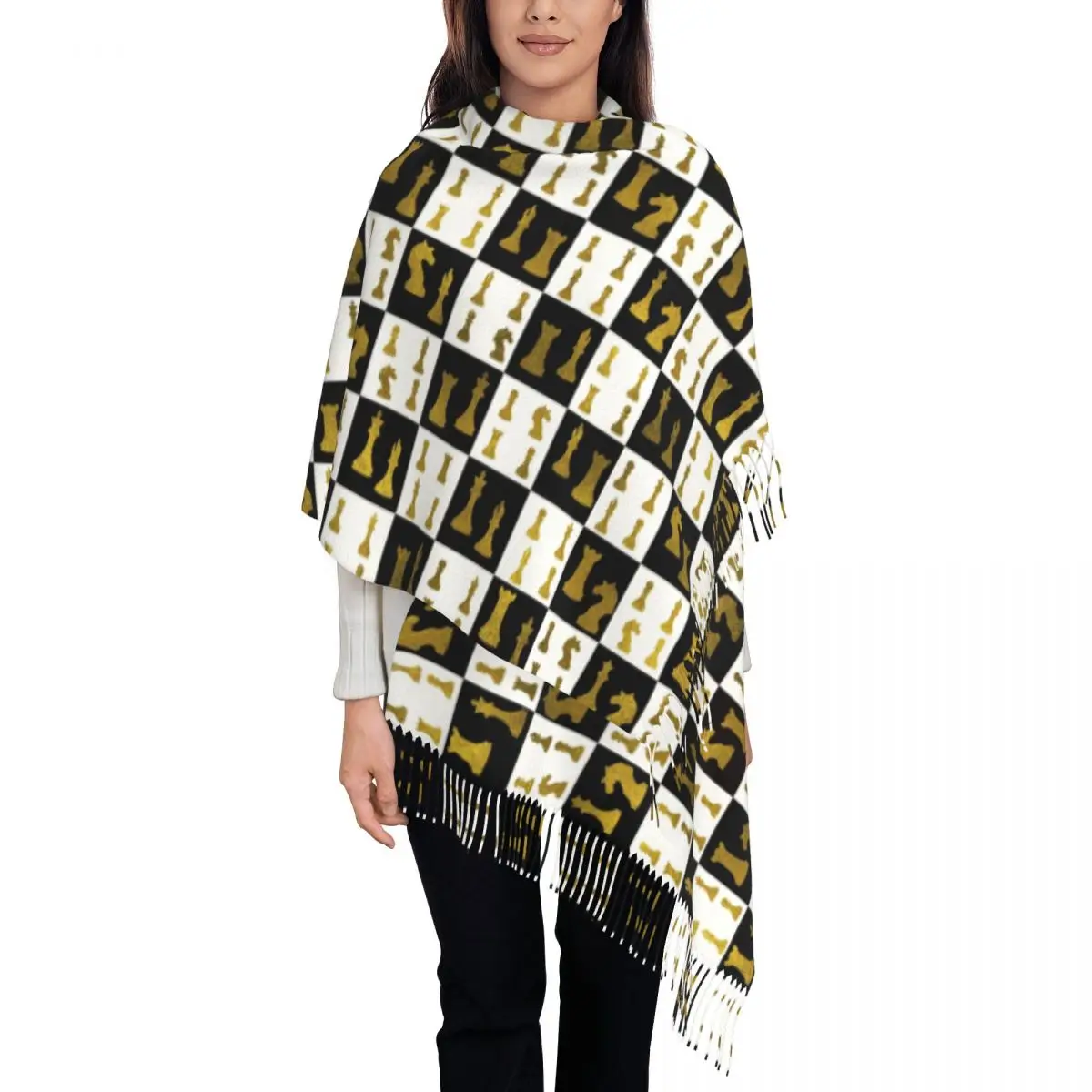 Customized Printed Chessboard And Gold Chess Pieces Pattern Scarf Men Women Winter Warm Scarves Chessboard Shawls Wraps