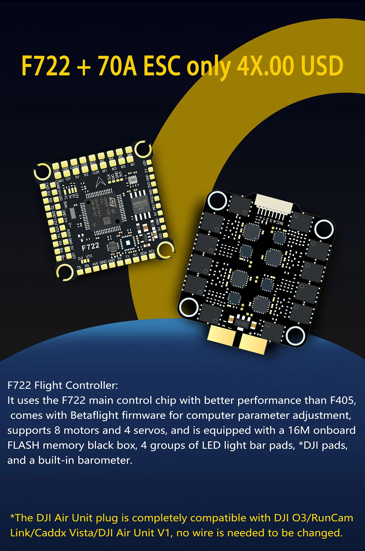 DAKEFPV F722 Flugcontroller Unterstützt BetaFlight Ardupilot FC F722 Stack 12S 70A 4in1 ESC Für 5-Zoll DJI RC FPV Freestyle Drohne – Detail 3