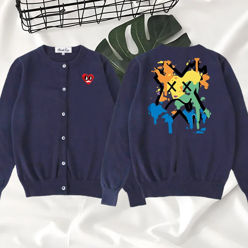 

Spoof Underwater World X Graffiti Printing Women Cardigan Red Eyes Beard Heart Embroidery Cotton O-Neck Single Breasted Sweater