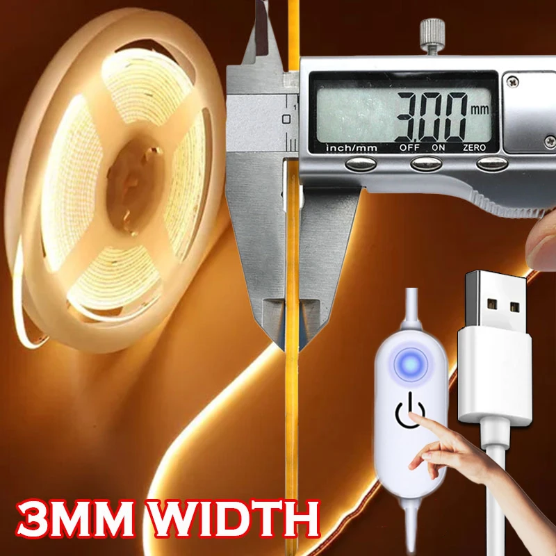 

USB Powered 3mm Ultra Thin COB LED Strip with Touch Switch Flexible Tape Light for Bedroom Cabinet Lighting