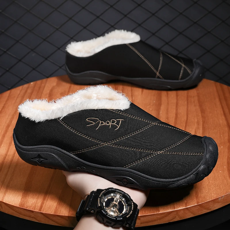 Winter Men\'s Slippers Waterproof Indoor Warm Shoes Plush Flock Slippers For Home Hard Wearing Non Slip Outdoor Walking Footwear