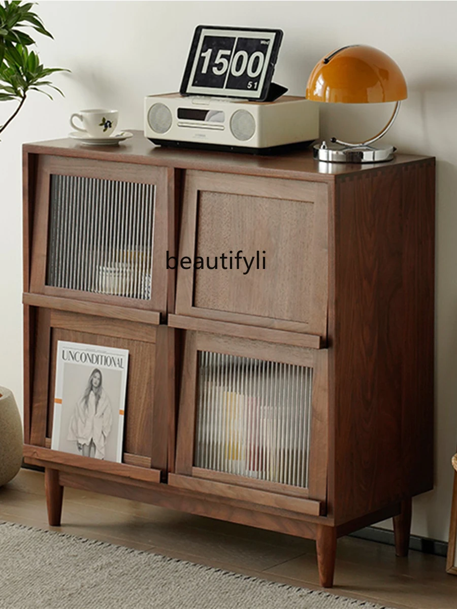 Nordic Side Cabinet Solid Wood Magazine Cabinet Glass Bed & Breakfast Sofa Side Cabinet Rattan Simple Small Apartment Tea Locker