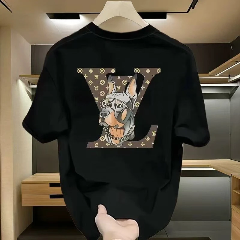 

2025 Summer Original New Trendy Brand Trendy Dog Print Casual Loose Crew Neck Men's and Women's Versatile Breathable Top