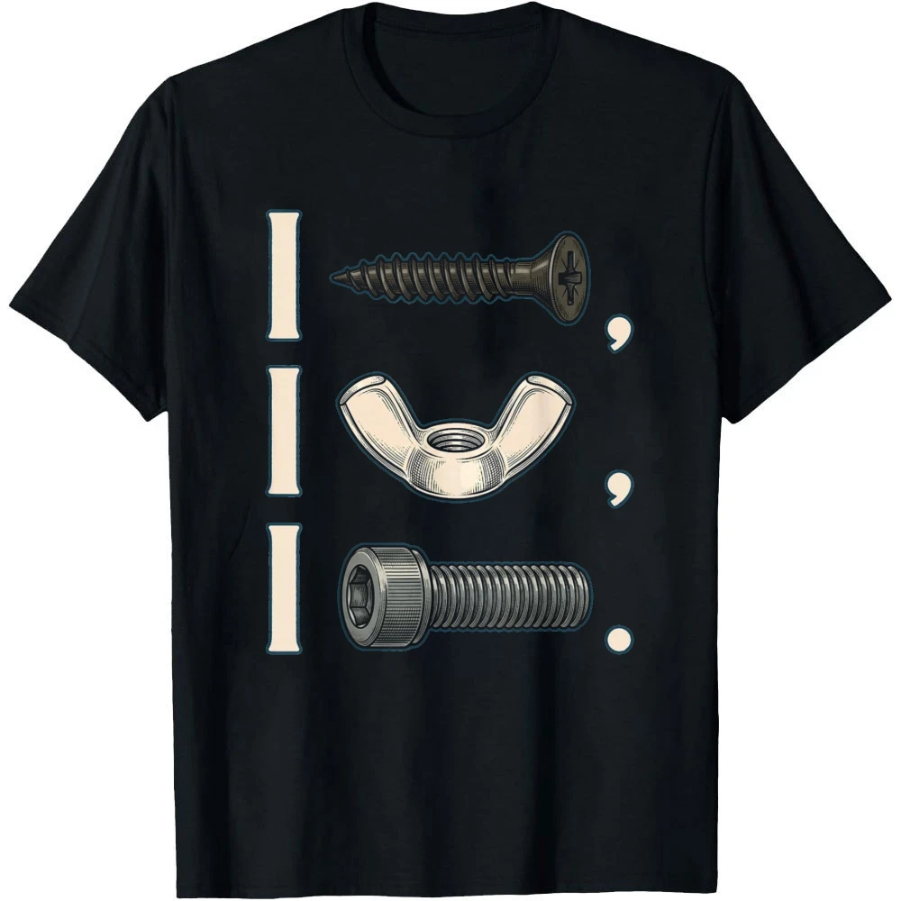Screw Nut Bolt Graphic Print Mens T Shirt Humor Mechanic Novelty Tees Casual Crew Neck Short Sleeve Streetwear Daily Wear Top