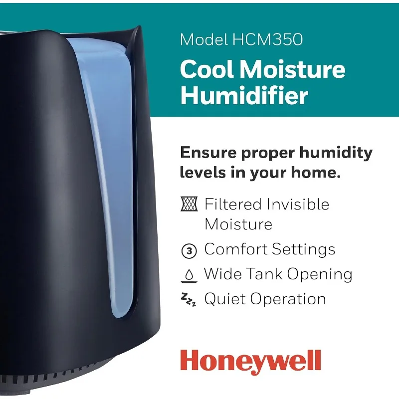 Honeywell 쿨 수분 가습기, 미디엄 룸, 1.1 갤런 탱크, 블랙 인비저블 가습기, 아기, 어린이용