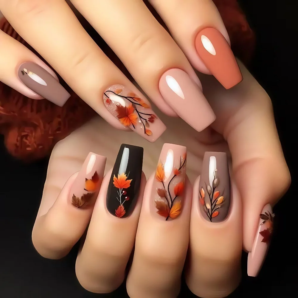 

24 Pcs Autumn Aesthetic Nails Press on Maple Leaves Self-adhesive False Nails with Glue Adhesive Nail Tips Cheap Stick-on Nails
