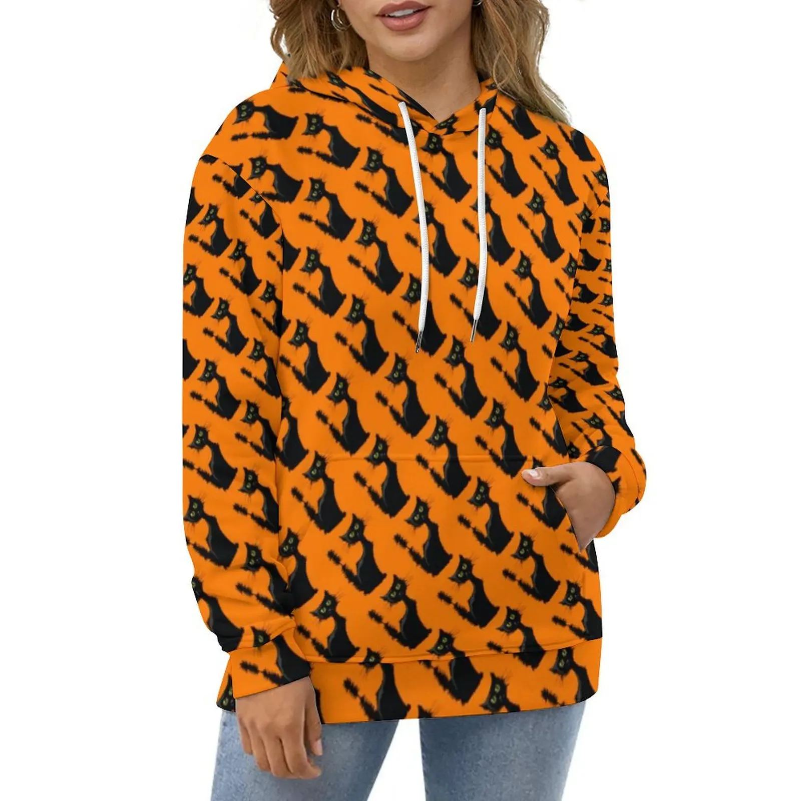 

Spooky Black Cat Hoodies Happy Halloween Hip Hop Oversized Hoodie Couple Long Sleeve Aesthetic Printed Casual Sweatshirts