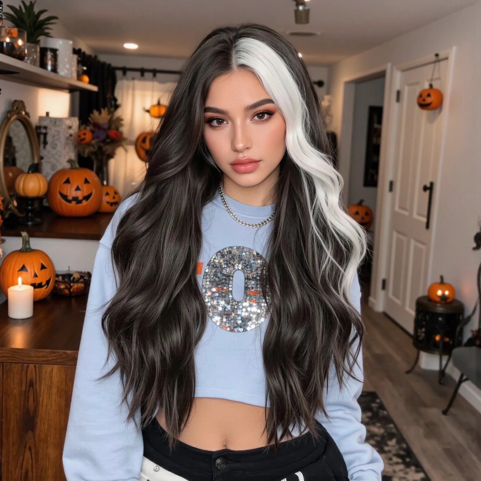 

Супер длинный волнистый черный смешанный белый синтетический парик средней части парики с волнистыми волнами для женщин повседневный косплей Хэллоуин красочные искусственные волосы