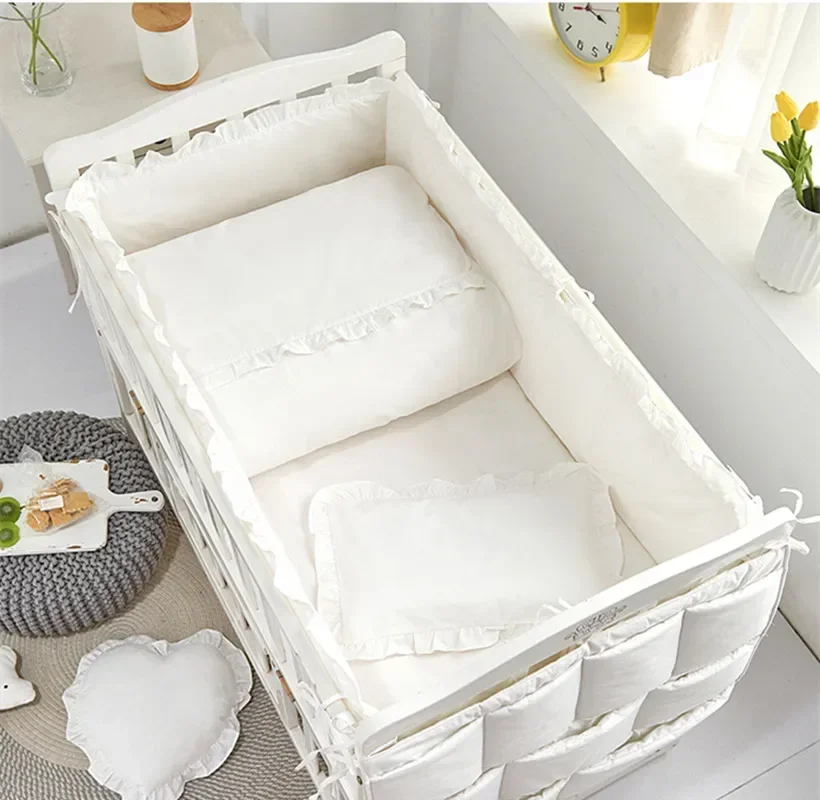 Baby Bedding Set Cotton Solid Pattern Infant Crib White Gray Lace Pillowcase Duvet Cover Newborn Cot Bed Flat Sheet Baby Bed Set