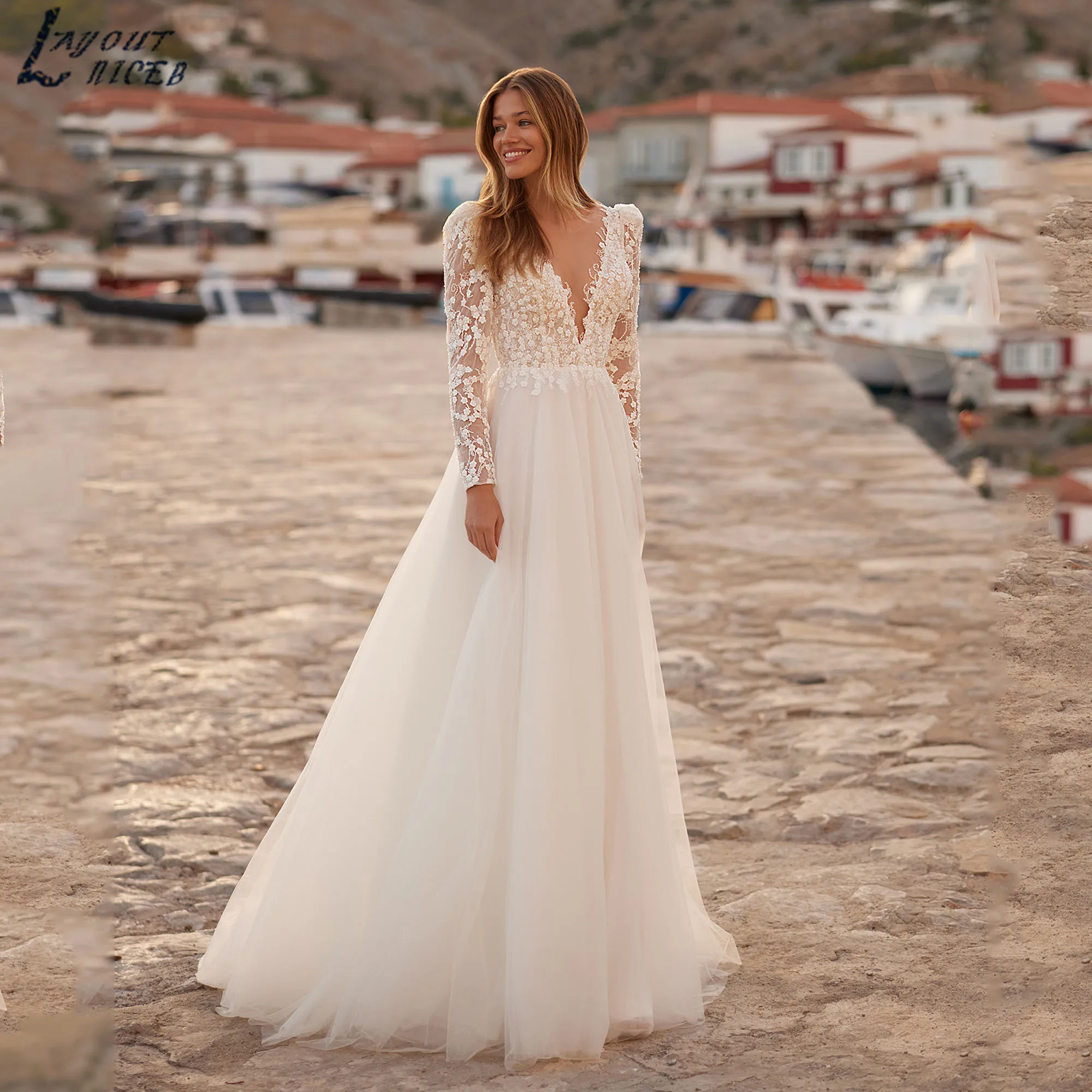 

Long Sleeves V-neck Dresses For Bride 2025 A-line Appliques Luxury Wedding Gowns Romantic Tulle vestidos de novia Customized