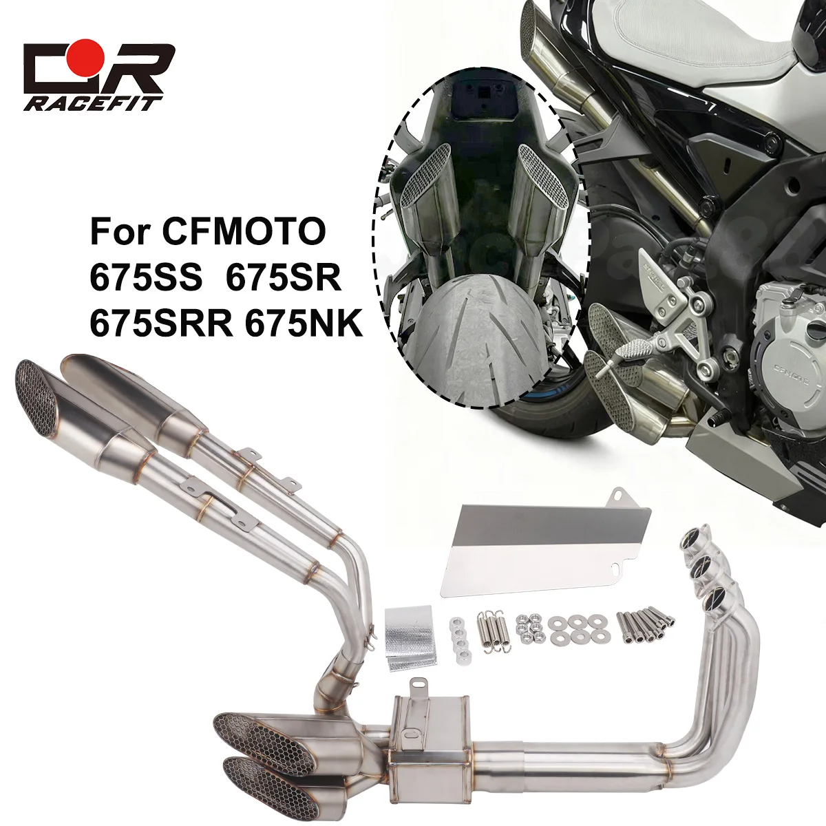 

Motorcycle Escape Exhaust System Front Pipe Slip on For CFMOTO 675SS 675SR 675SRR 675NK 2024-2026 4 Mufflers
