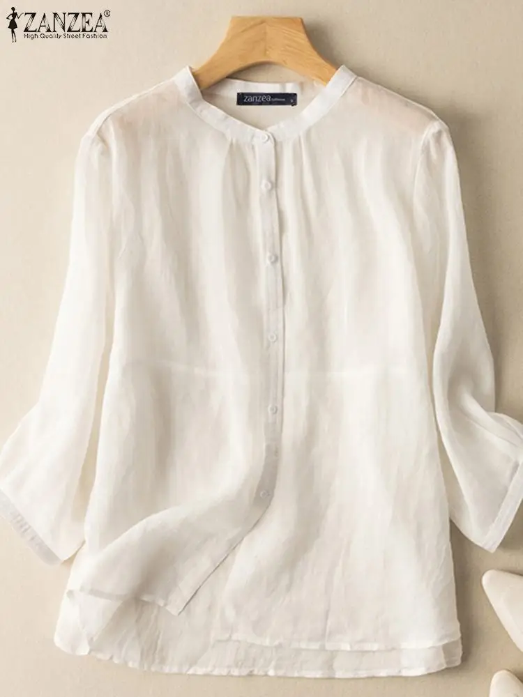 ZANZEA 2023 Autumn Summer Blouses Casual Women Shirts Solid Color 3/4 Sleeve Buttons Cotton Linen Blusas Solid Top Casual Tunic