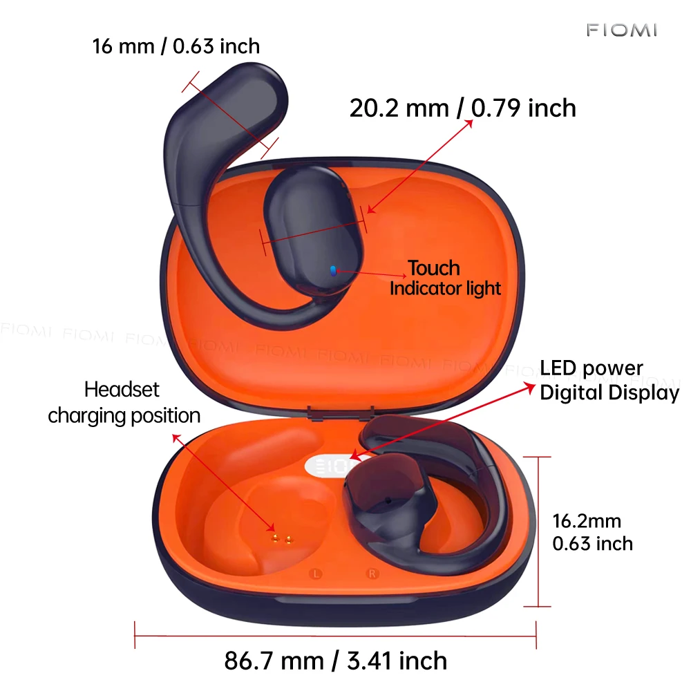 FIOMI Hanging ear type Earphones Earbuds With Mic Touch Control For Sports And Running,TWS BT5.3 Ear Buds With LED charging box