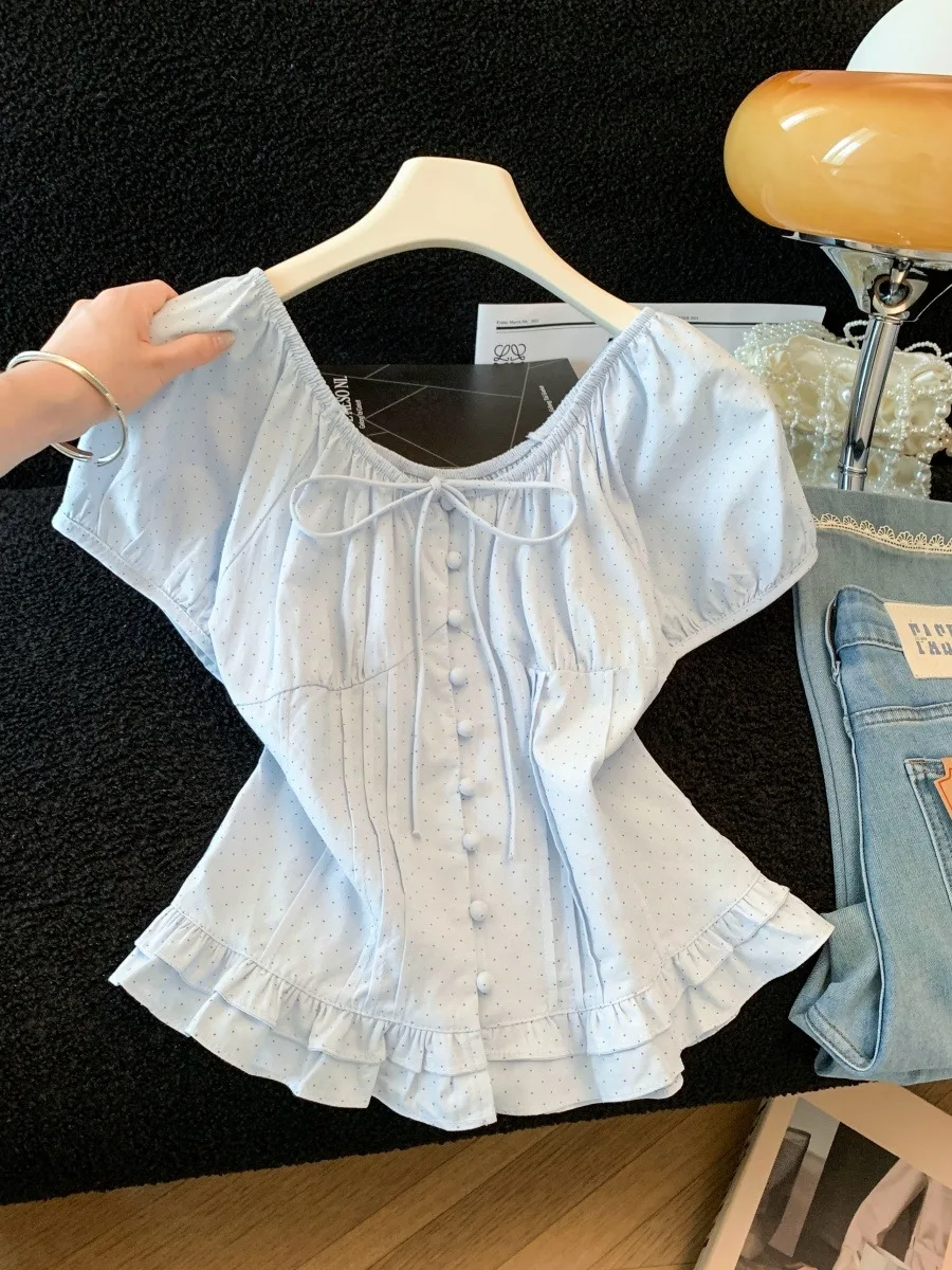 

Chic Polka Dot Doll Shirt Women's Summer Artistic Style Age Reduction Elegant Belted Blouse Cotton Polyester Blend
