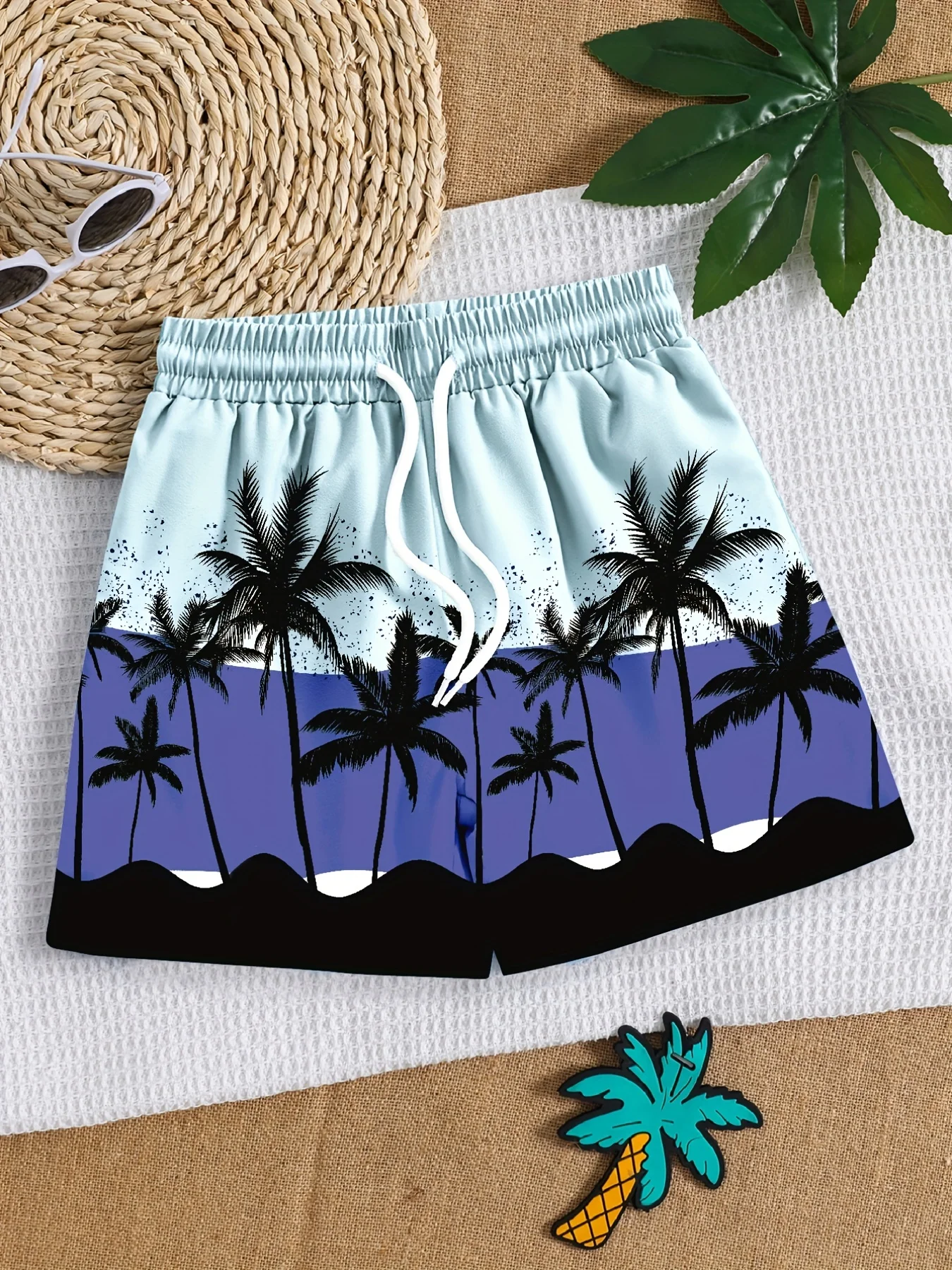 Boys Swim Trunks Coconut Trees 3D Print Elastic Waist Drawstring Beach Pants Swim Shorts For Boy Comfortable Kids Clothes Summer