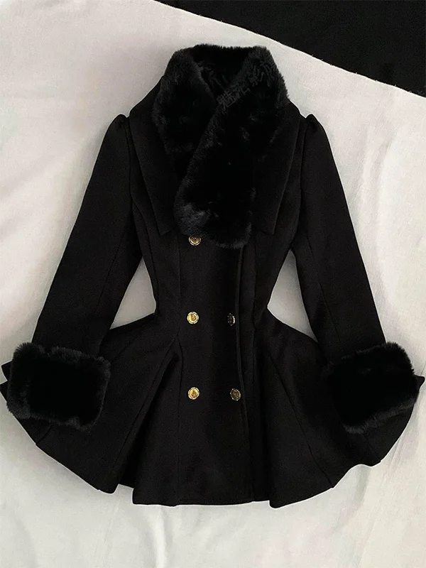 Hebe Gentlewoman Style Tweed And Furry Patchwork Jacket Slim Fit Women's Coat Retro Straight Tube Shape Long Sleeve Mid-Length