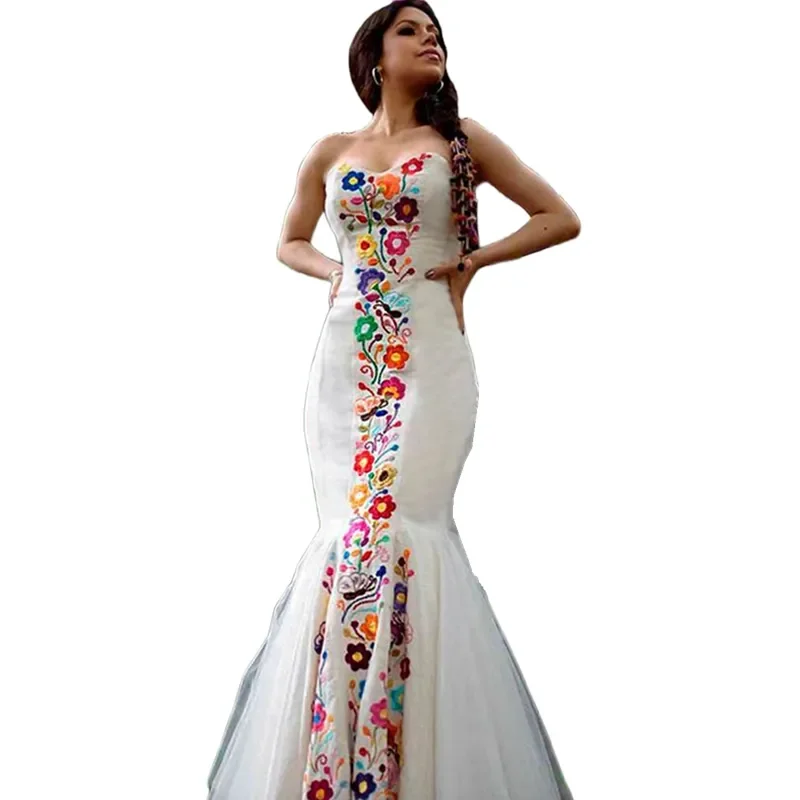 Vestido de novia de satén bordado Floral, traje largo de sirena, traje de jardín campestre, 2024