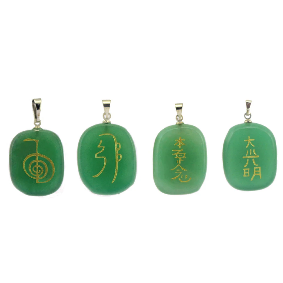 Natural Green Aventurine Reiki Amulet Pendulum Healing Master Prop Chakra Four Element Symbol Energy Stone Pendant Necklace