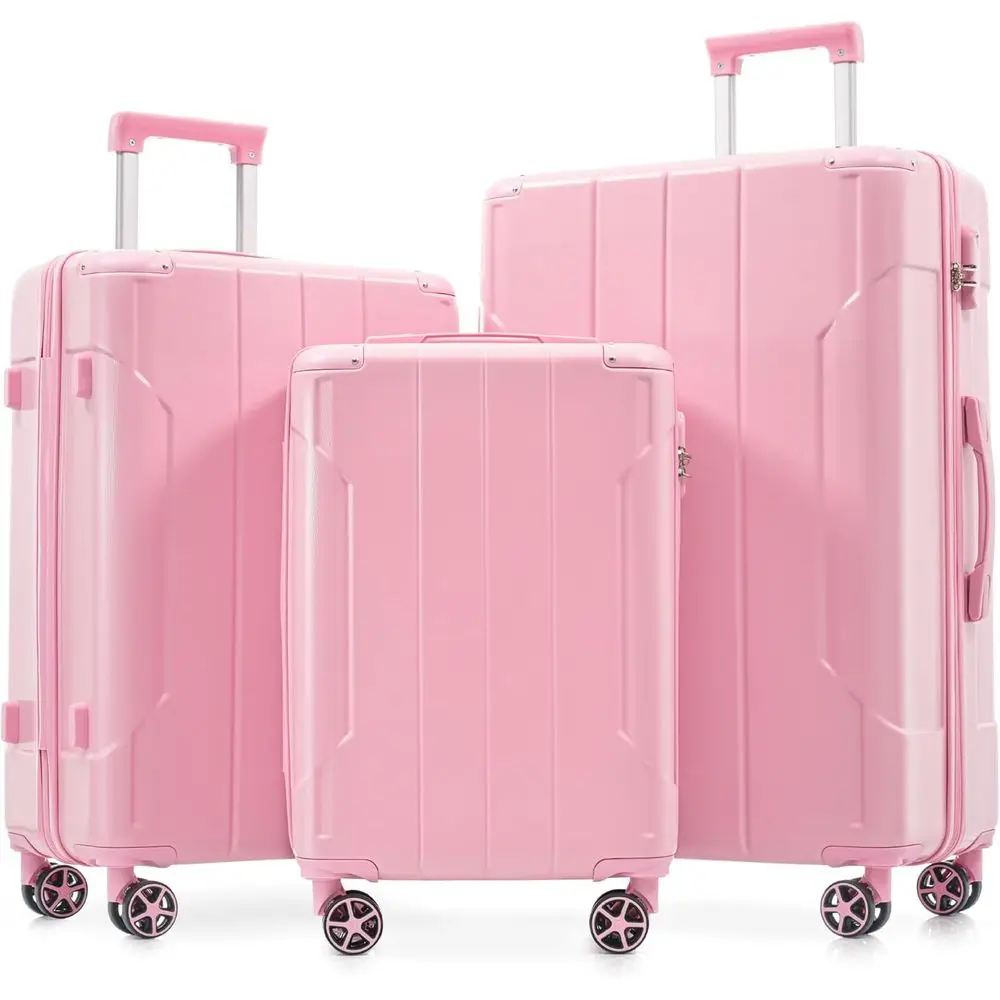 

3-Piece Lightweight Hardshell Spinner Luggage Set with Guards in Pale Pink (20/24/28)