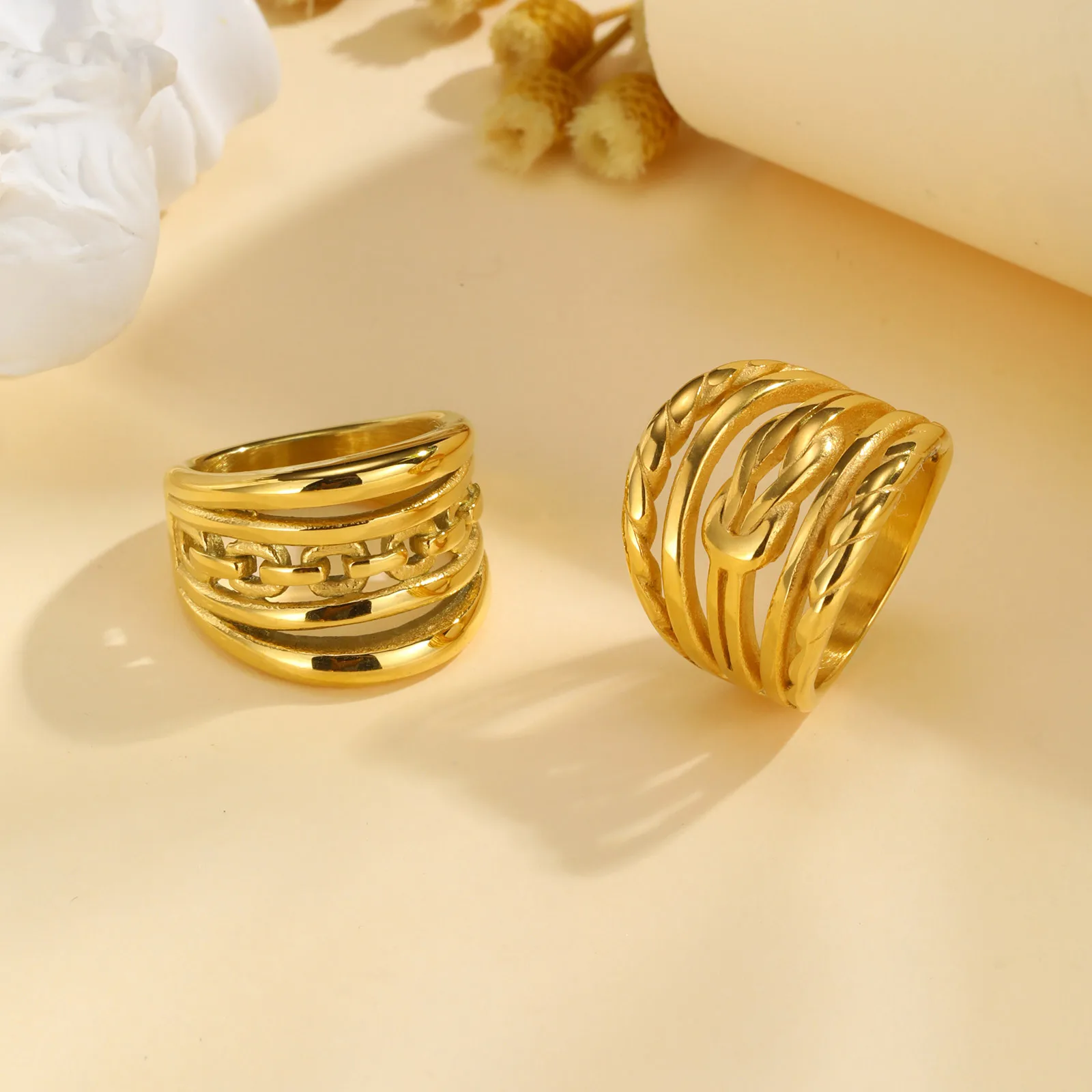 Double Layer Chunky Ring for Women, Gold Plated Stainless Steel, High Polish Statement Band Radial Ring - Image 4