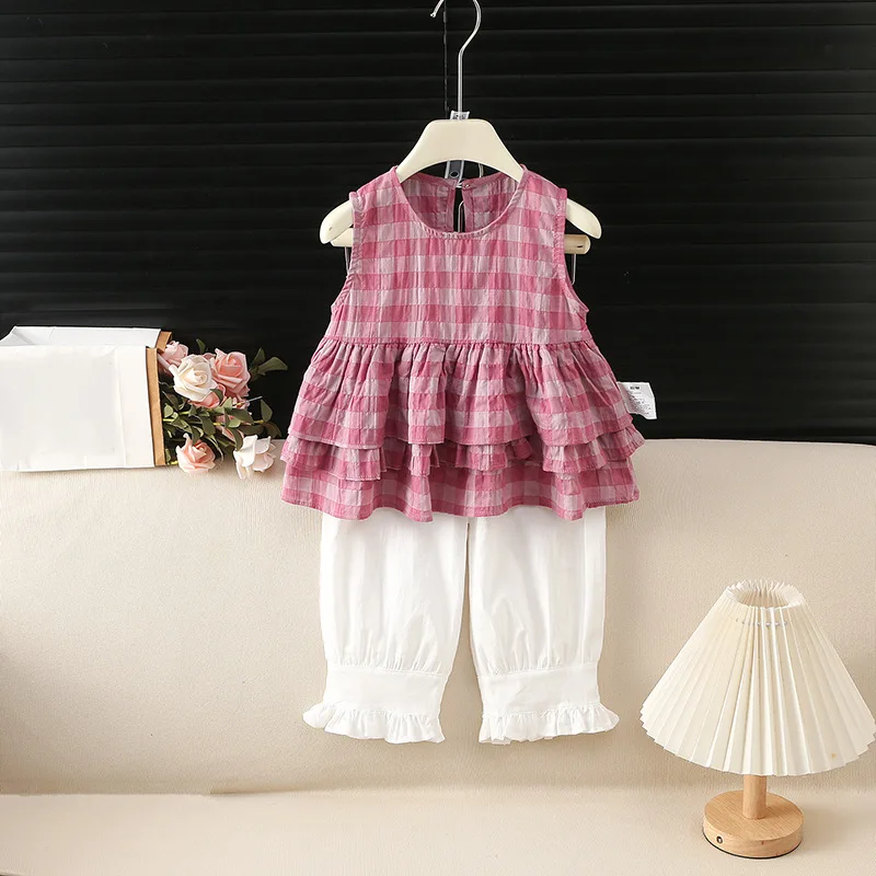 

Summer Sweet Style Girls Set Grid Ruffle Sleeveless Top+Solid Color Pants 2 Pcs Clothes for Kids Thin Soft Children Suit