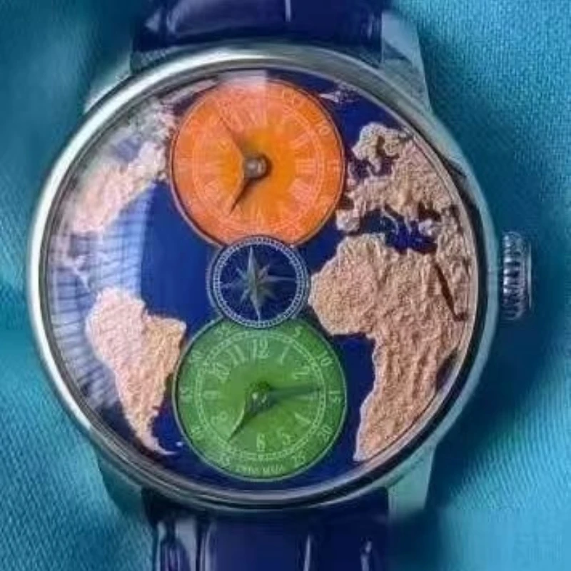 أحدث ساعة اليد الميكانيكية للرجال ذات المنطقة الزمنية المزدوجة، ساعة خريطة العالم، شحن مجاني مقاوم للماء