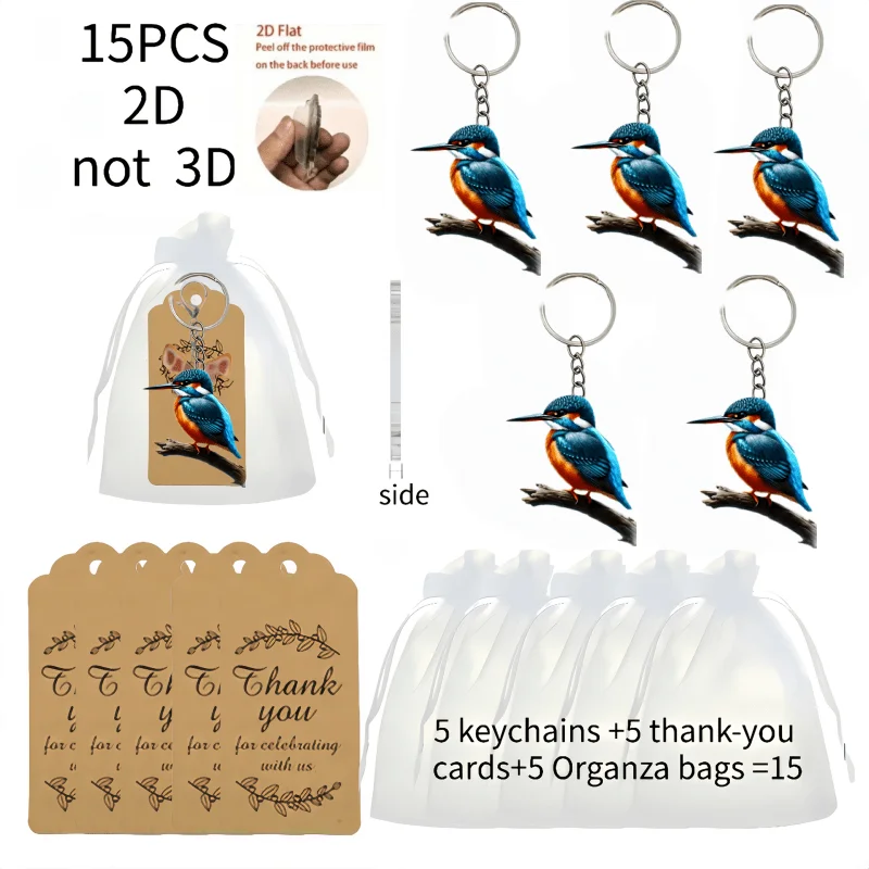 5sets Kingfisher Keychain Including 2D Pendant & Thank You Cards & Gift Yarn Bags Outdoor Home Scene Holiday Hanging Decoration