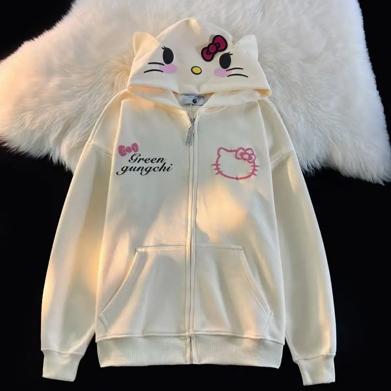 Kawaii Sanrioed Hello Kitty Y2K Hooded Jacket Women\'s Print Hoodie Sweatshirt Cute Cartoon Coats Girls Tops Casual Loose Jackets