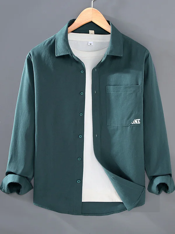

Loose Fit Long Sleeve Cotton Shirt Men's Casual Style Pure Color Letter Print Design Autumn New Arrival Fashionable Youth Shirt