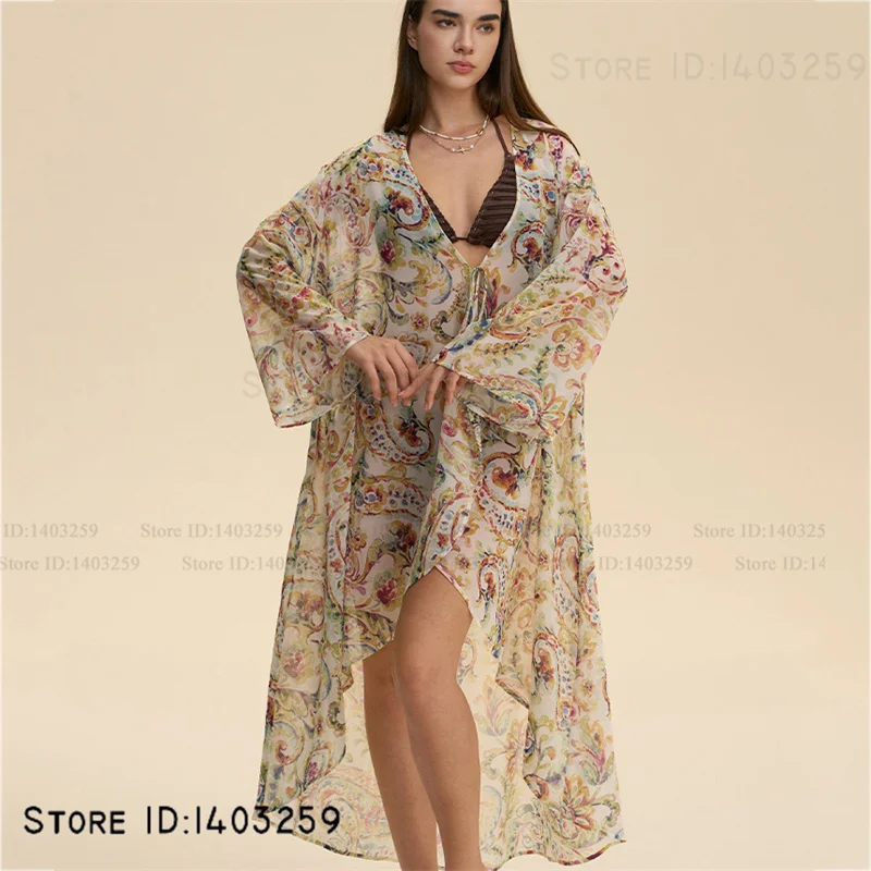 Szlafrok kimono z kwiatowym wzorem w stylu boho, szyfonowa koszula nocna, szlafrok kąpielowy, kardigan chroniący przed słońcem, seksowny szlafrok plażowy, narzutka na bikini.