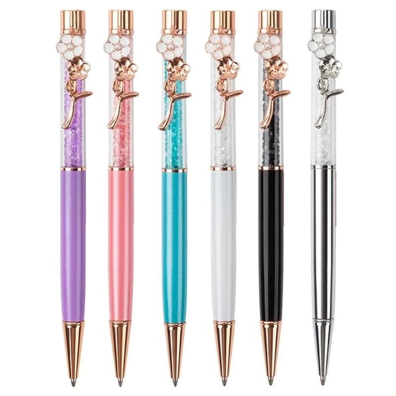 

C90C 6Pcs Crystal Ballpoint Pen with Flower Pen Clip Signing Pen Smooth to Write