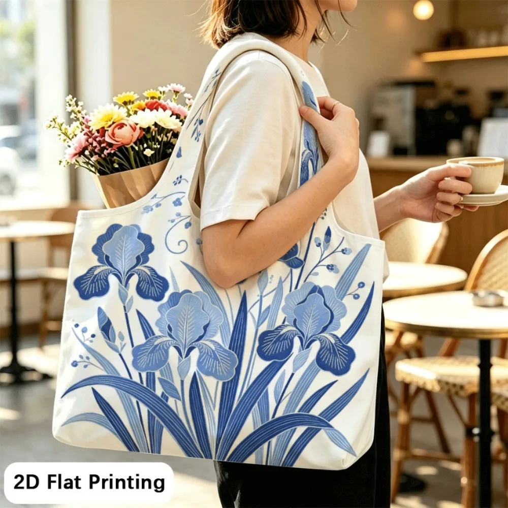 Blue Iris Embroidery Simple foldable shoulder tote, great daily bag for students.