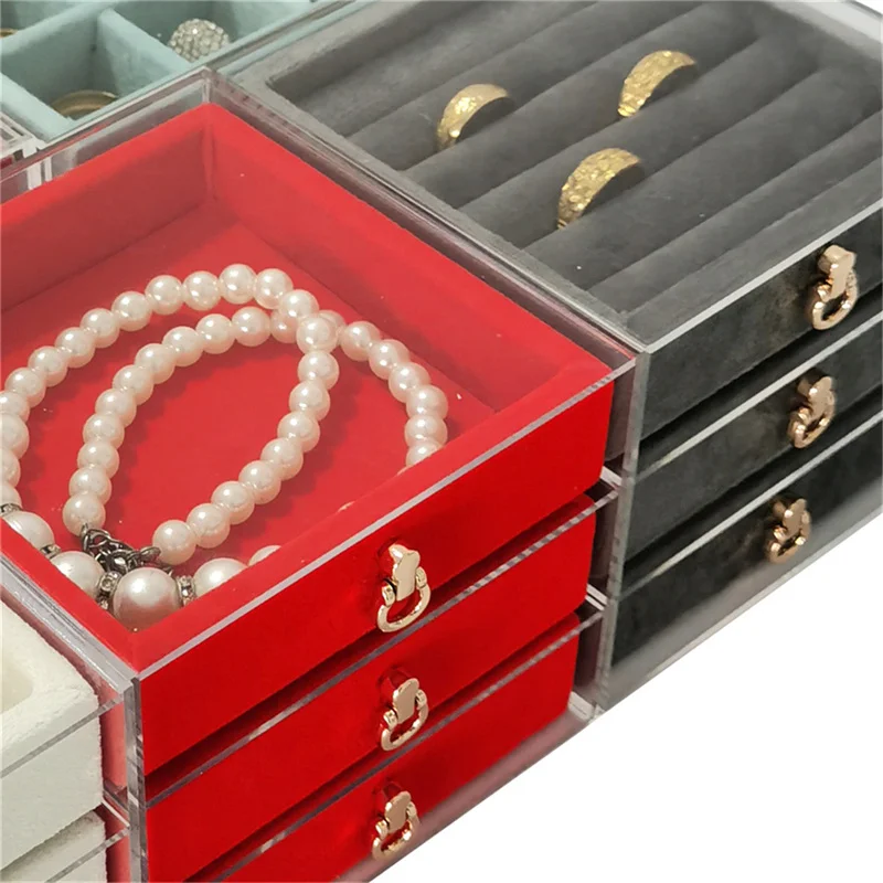 

Red Acrylic 3 Layers Jewelry Organizer Box with Velvet Drawers Clear Display Storage for Earrings, Rings, Necklaces & Bracelets
