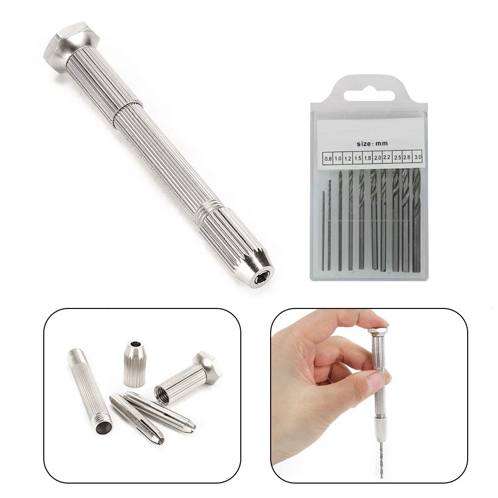Mini Hand Drill With Keyless Chuck + 10Pcs 0.8mm-3.0mm HSS Drill Bits For Epoxy Resin Jewelry Making DIY Wood Hand Tools